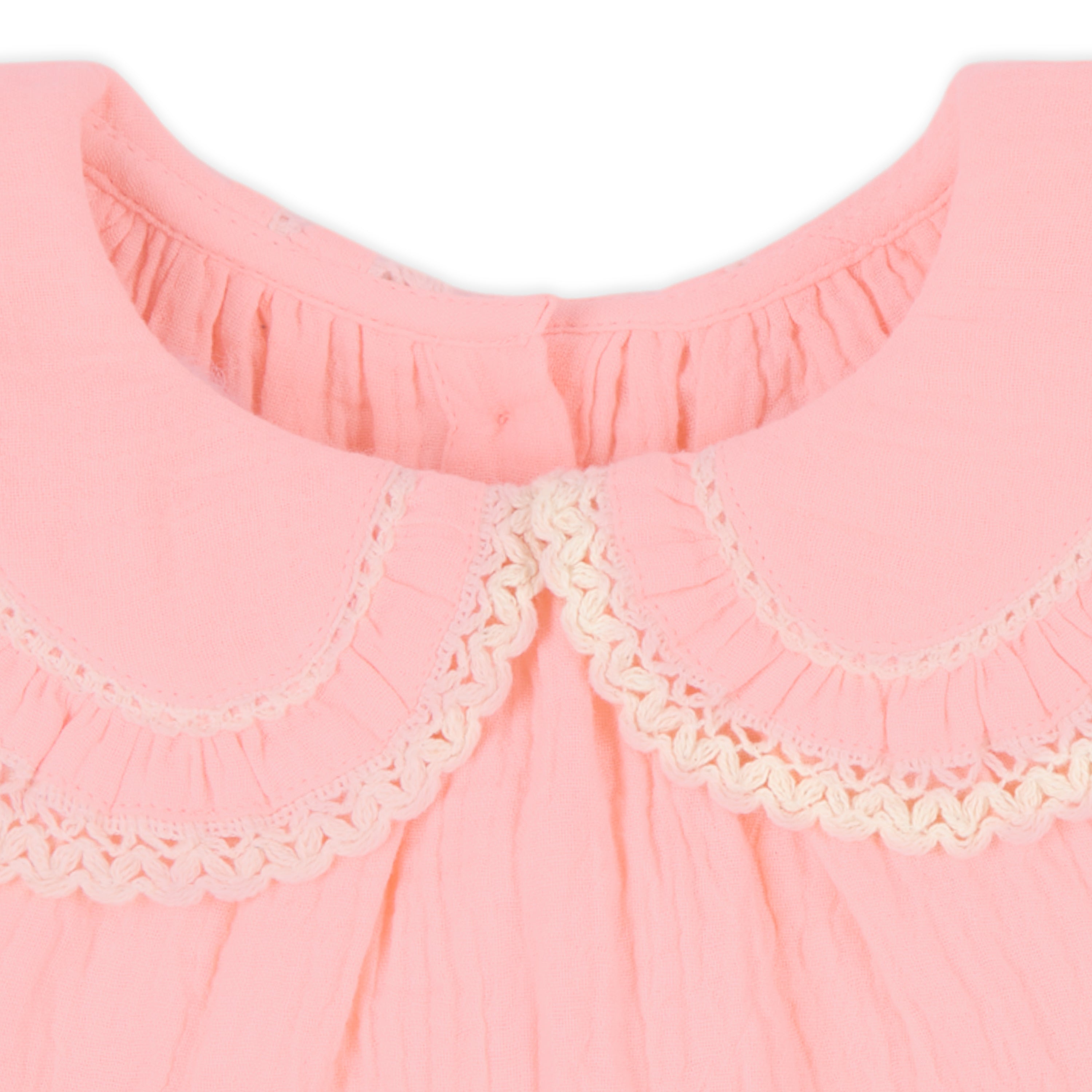 Peony Double Cloth Top with Crochet Lace Detail & Peter Pan Collar - Peach