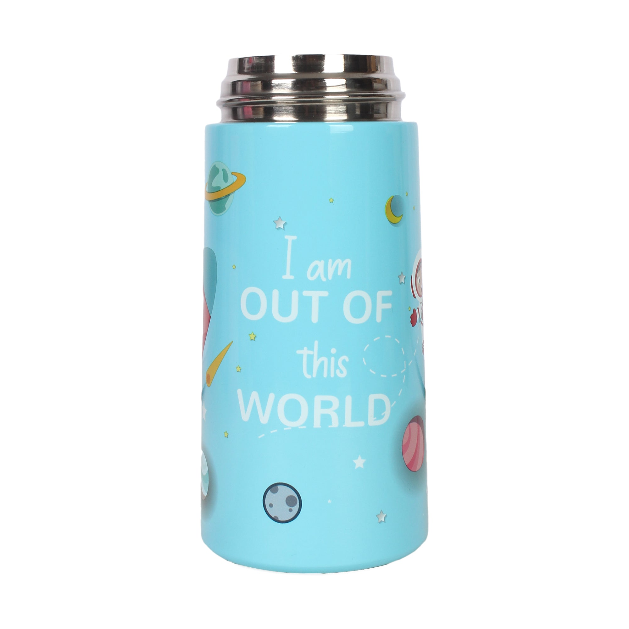 Youp Stainless Steel Insulated Blue Color Space Theme Kids Anti-Dust Sipper Bottle Tinkler - 400 Ml