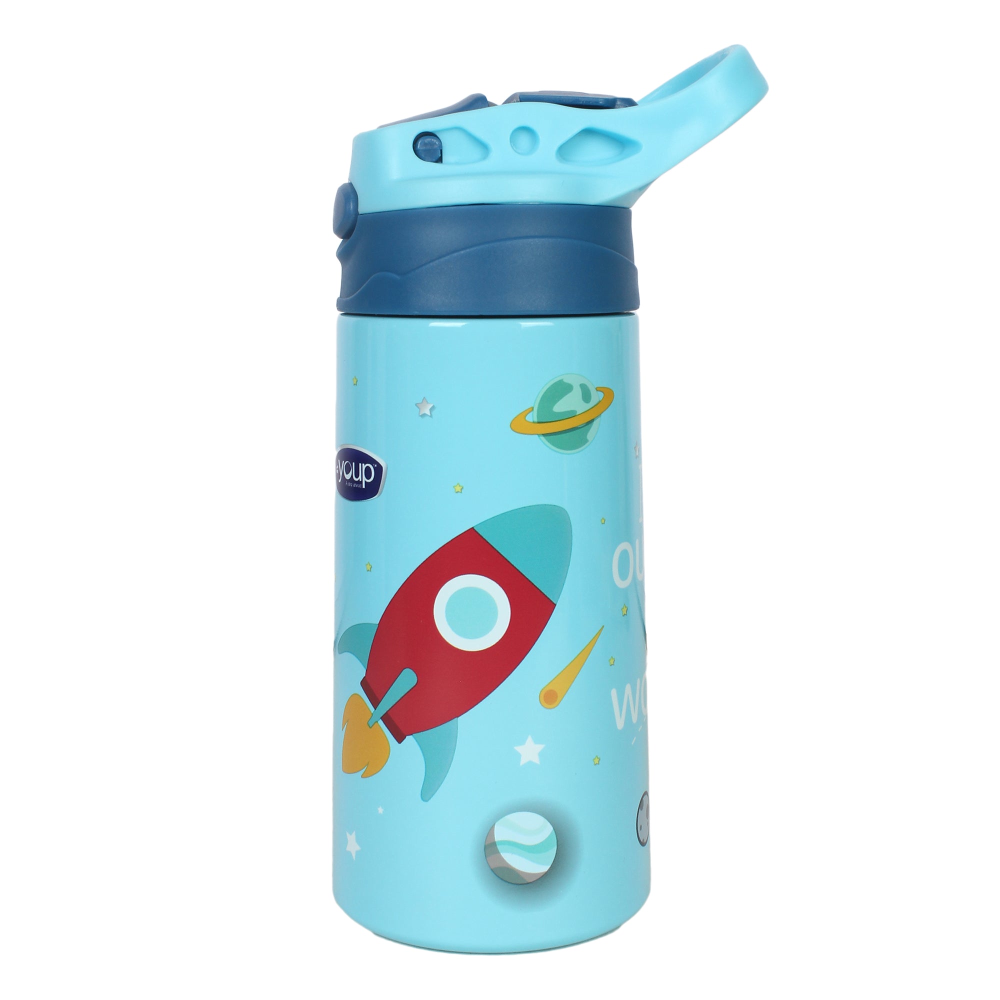 Youp Stainless Steel Insulated Blue Color Space Theme Kids Anti-Dust Sipper Bottle Tinkler - 400 Ml