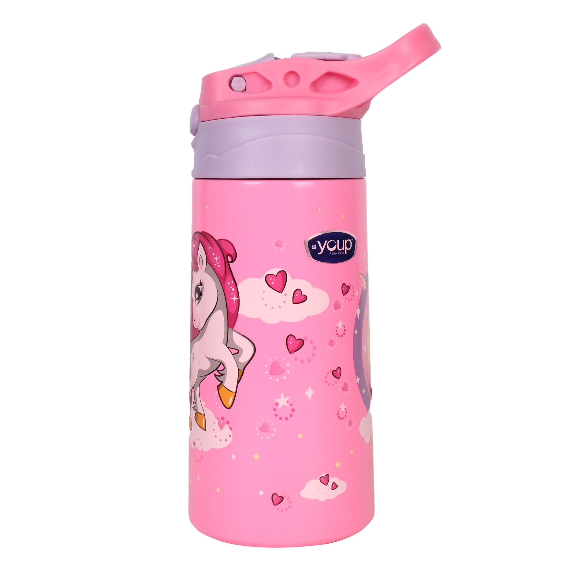 Youp Stainless Steel Insulated Pink Color Unicorn Theme Kids Anti-Dust Sipper Bottle TINKLER - 400 ml