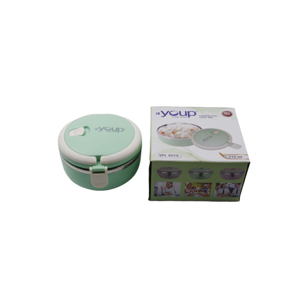 Youp Stainless Steel Green Color Round Shape Lunch Box Ypl8013 - 700 Ml