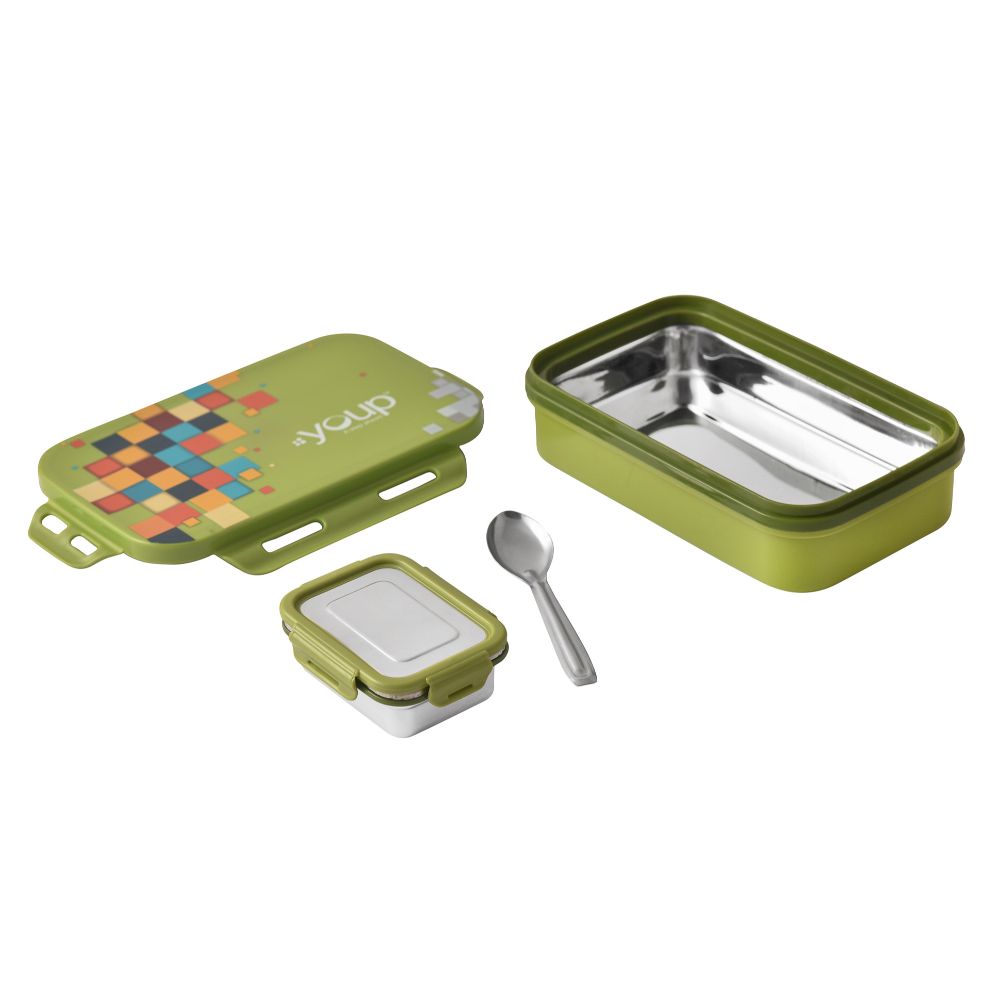 Youp Stainless Steel Mehendi Green Color Kids Lunch Box Yummy - 500 Ml