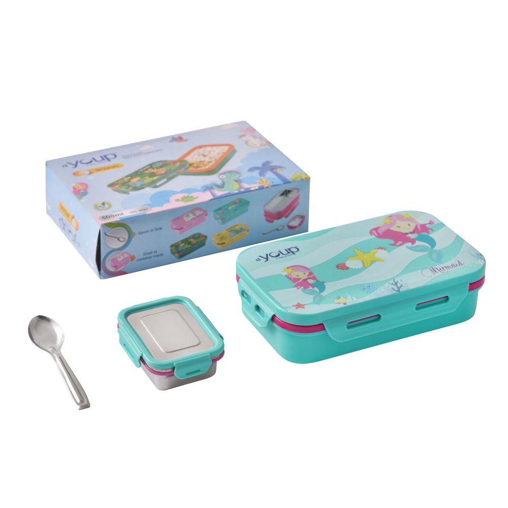 Youp Stainless Steel Aqua Blue Color Kids Lunch Box Interval - 500 Ml
