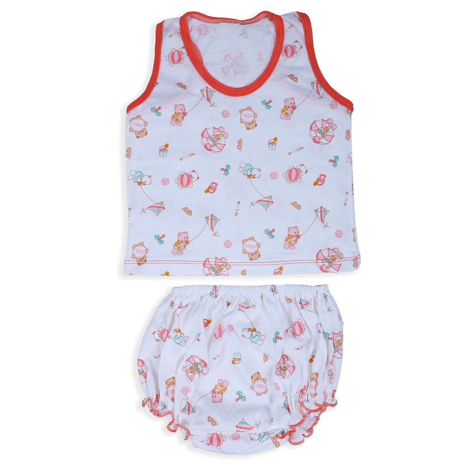 Baby Moo Kite Flying Bear Pure Cotton Sleeveless Vest With Matching Bottom 2pcs Set - Red - Baby Moo