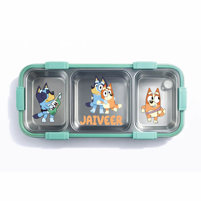 Bento box with cartoon characters and the name 'Jaiveer' on a white background