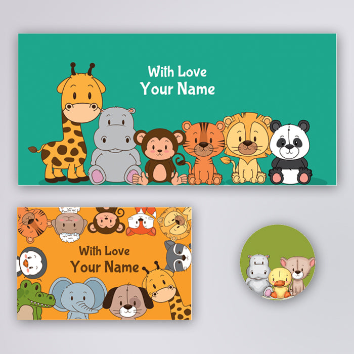 Personalised Gift Envelopes, Cards & Stickers Combo - Cute Baby Animals, Set Of 130