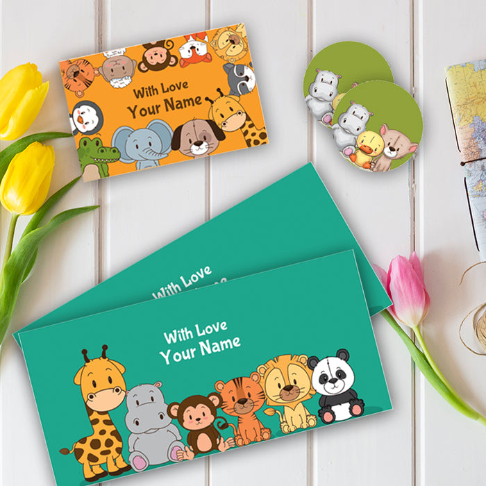 Personalised Gift Envelopes, Cards & Stickers Combo - Cute Baby Animals, Set Of 130