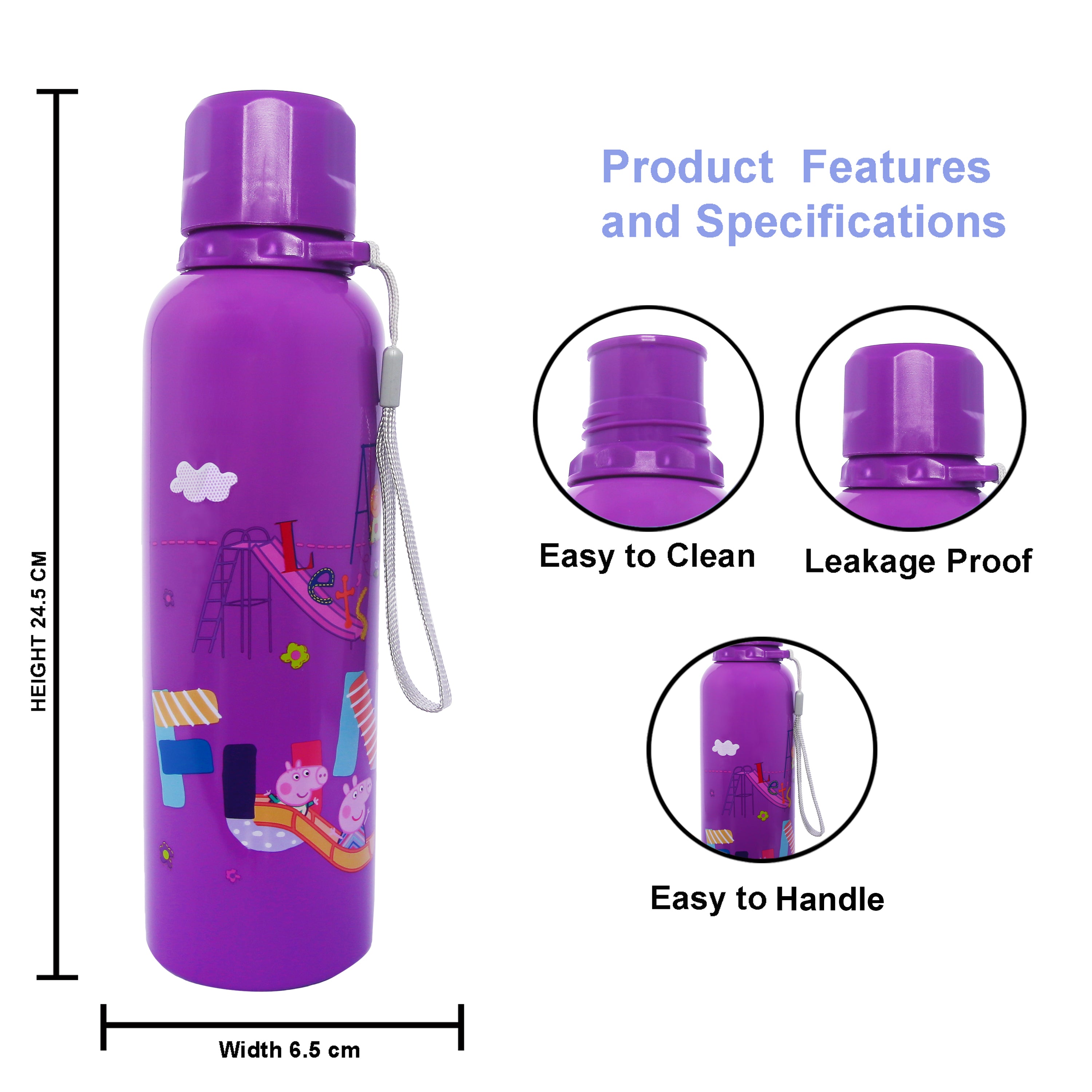 Youp Stainless Steel Purple Color Peppa Pig Kids Water Bottle OSCAR - 750 Ml