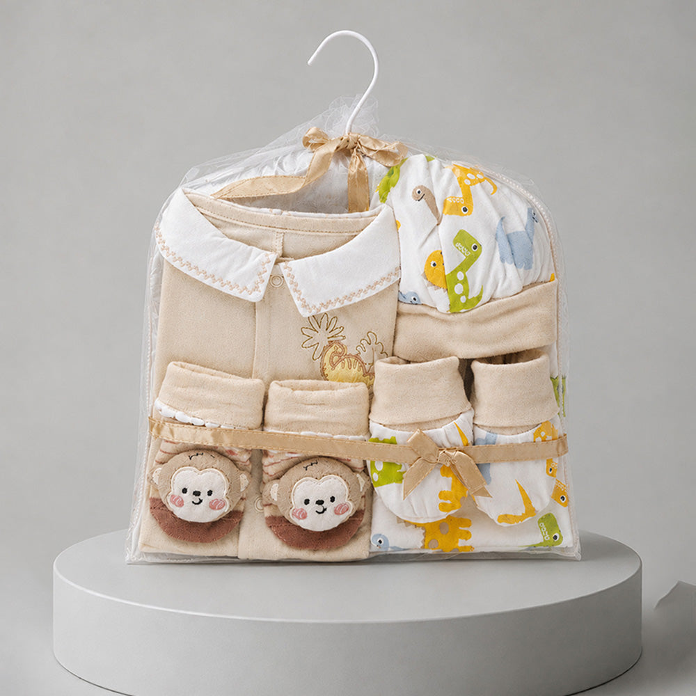 Little Surprise Box 9 Pcs Newborn Baby All Season Wear Net Gift Hamper Set - 0-6M - Beige Animals - image 2