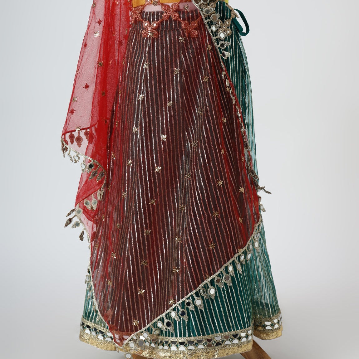 Yellow & Green Organza Mirrorwork Lehenga Set - image 2