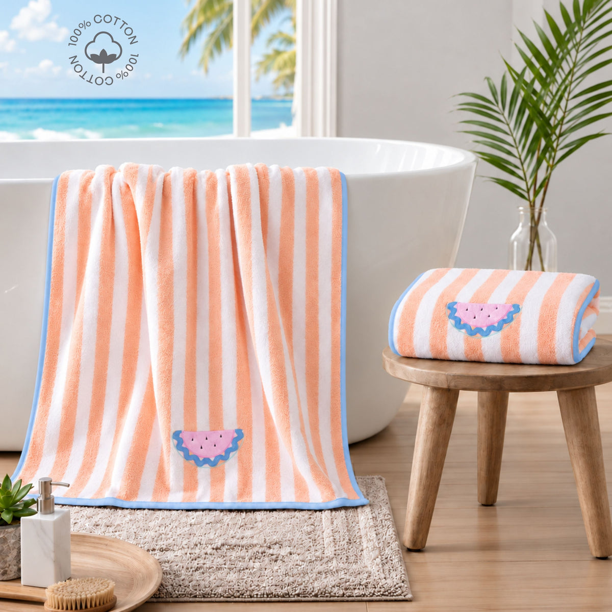 My Milestones Kids Bath Terry Towel - 50 x 24 Inches - Bliss - Tropical Peach & White