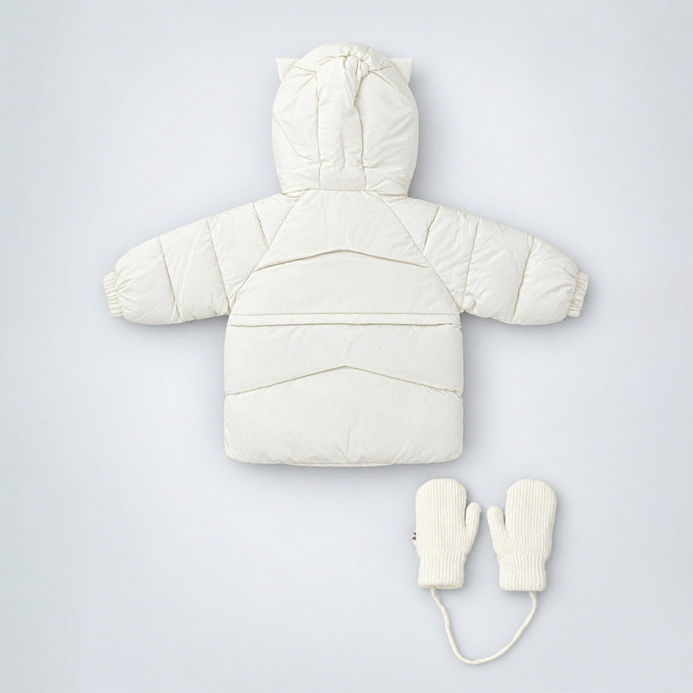 Little Surprise Box Ivory Cat Glitter Quilted Hooded Winter Jacket with Mittens for Kids