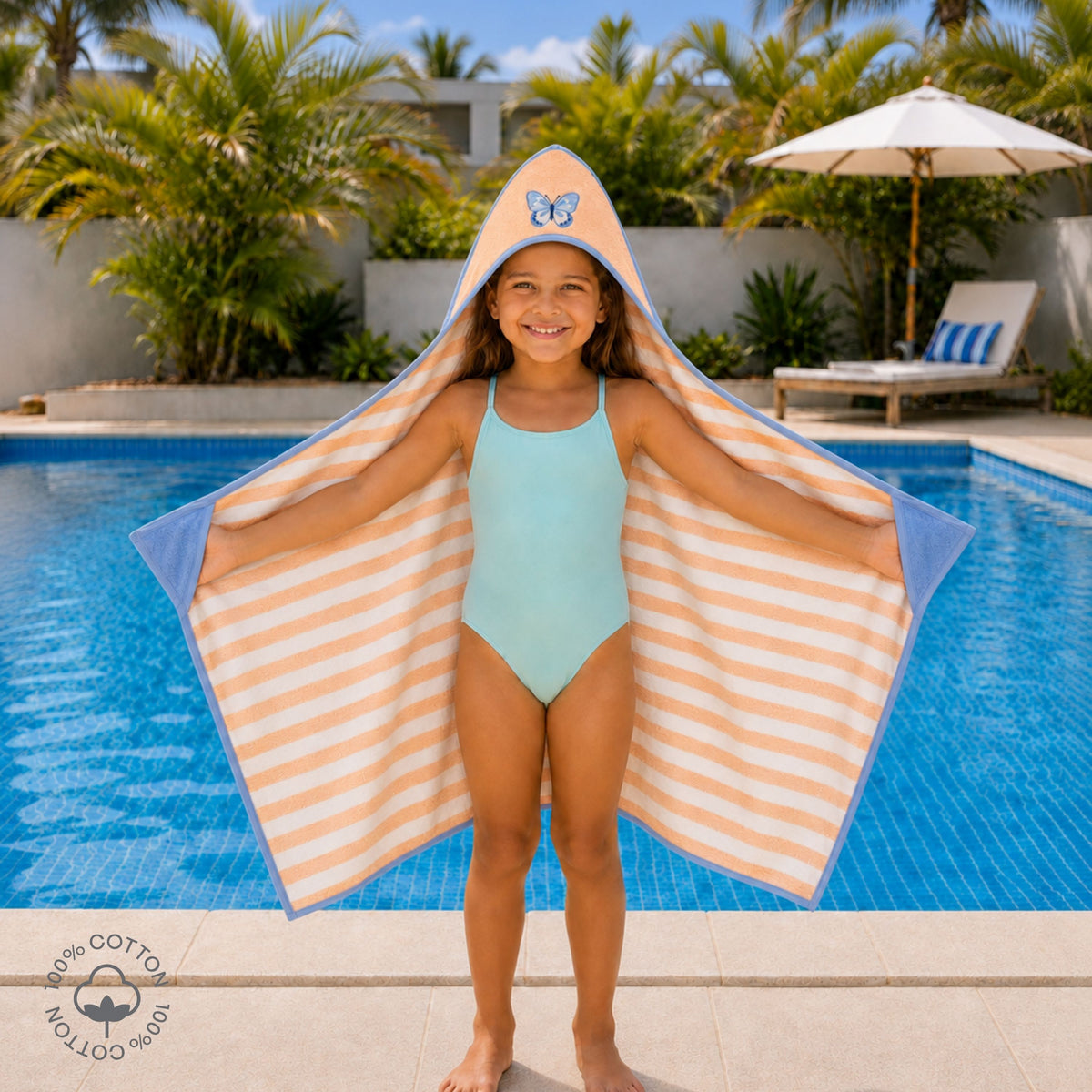 My Milestones Kids Hooded Terry Towel Wrap - Butterfly - Tropical Peach & White