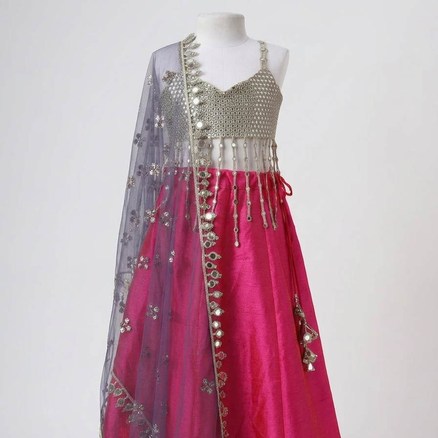 Silver Grey & Magenta Mirror Embroidered Lehenga Set