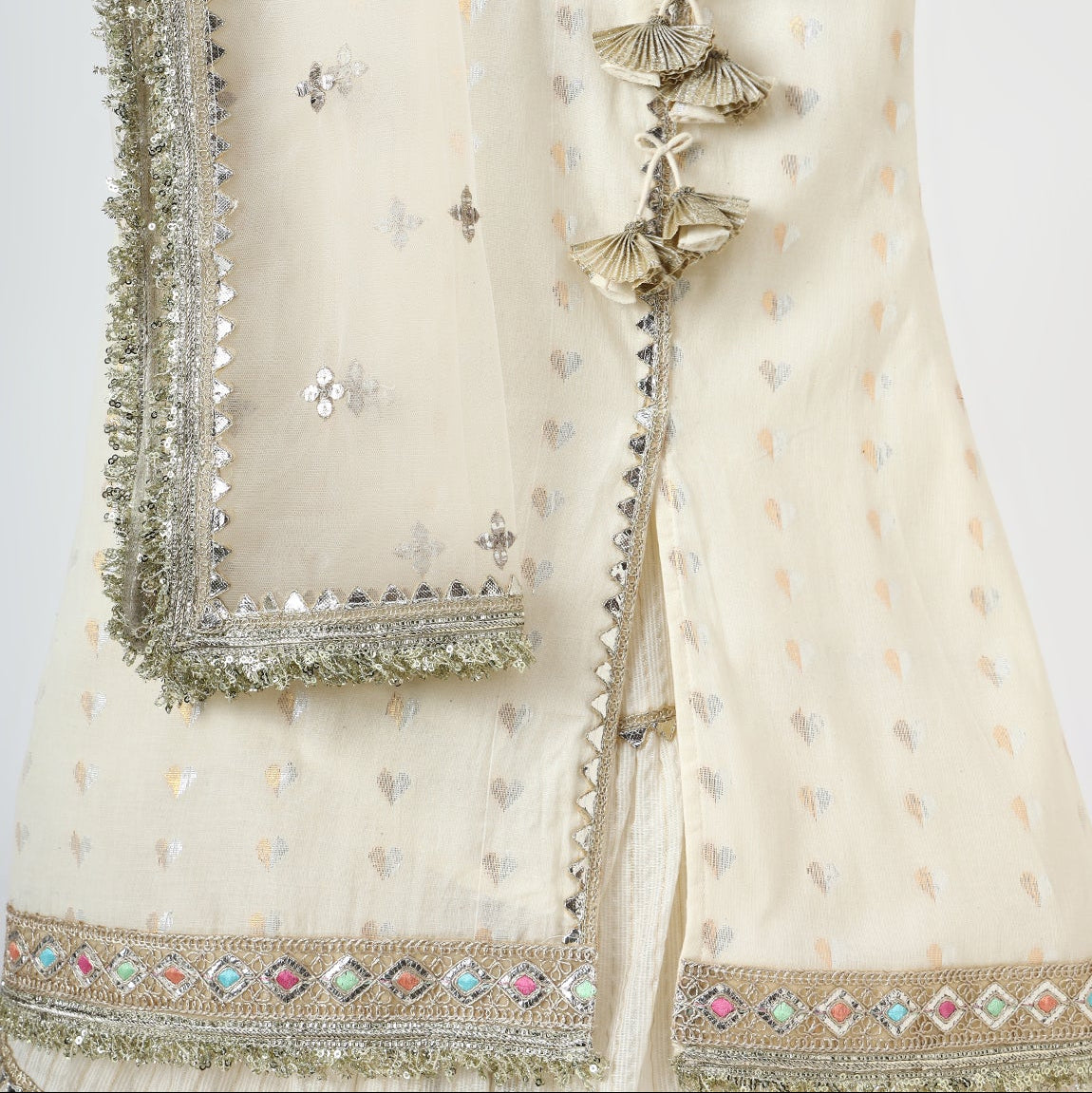 Off White Mirror Embellished Angrakha Kurta Sharara Set - image 1