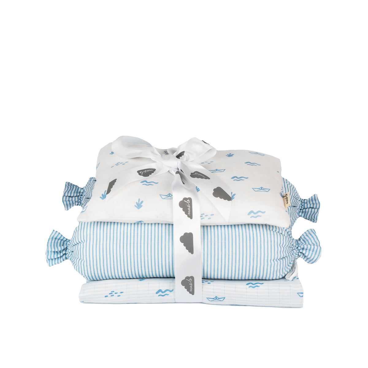 Boat print Mini Cot Set with baby pillow, bolsters and newborn blanket in organic muslin