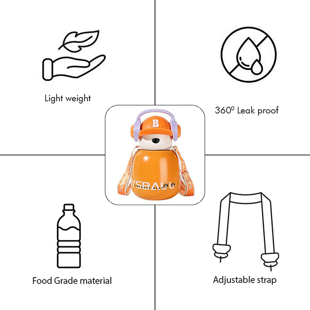 Orange Baseball Bear Kids Water Bottle, 460ml - Little Surprise BoxOrange Baseball Bear Kids Water Bottle, 460ml