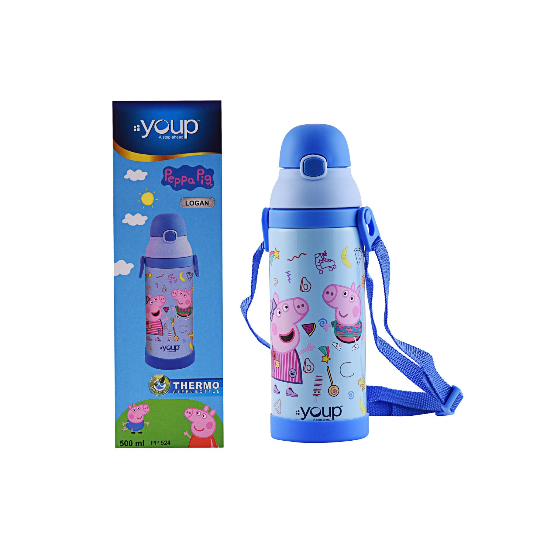 Youp Stainless Steel Insulated Blue Color Peppa Pig Kids Sipper Bottle Logan - 500 Ml