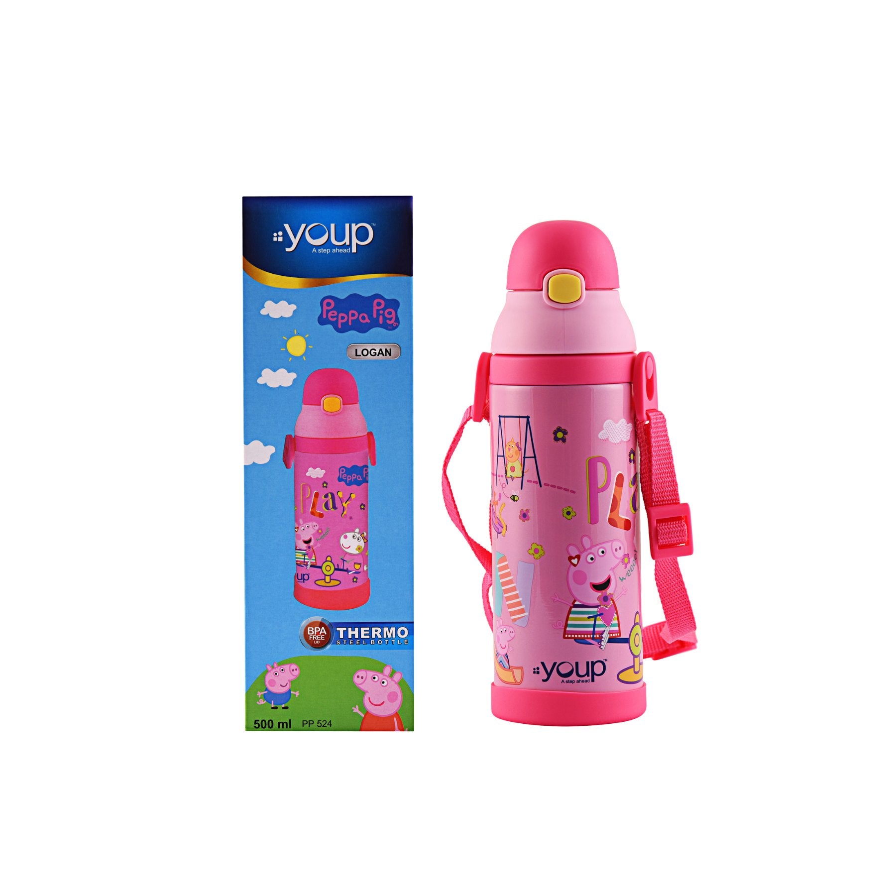 Youp Stainless Steel Insulated Pink Color Peppa Pig Kids Sipper Bottle Logan - 500 Ml