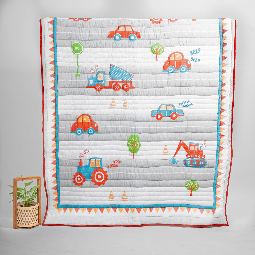 Gudgoodie Cotton Muslin Baby Quilt - Vroom Vroom Vehicles