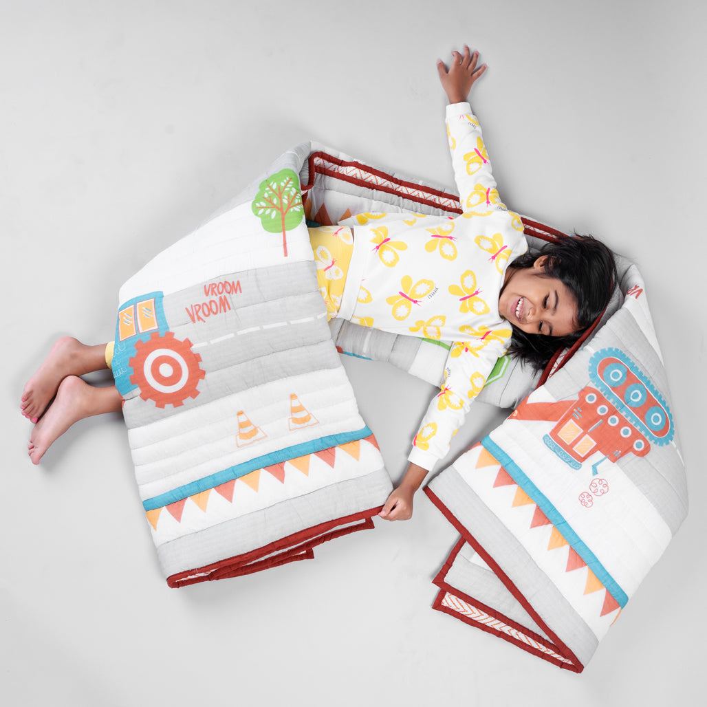 Gudgoodie Cotton Muslin Baby Quilt - Vroom Vroom Vehicles