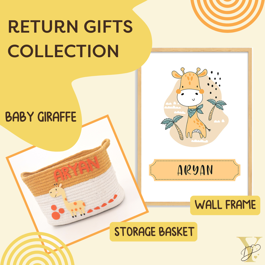 Personalised Return Gift Collection - Baby Giraffe (Storage Basket & Wall Frame)