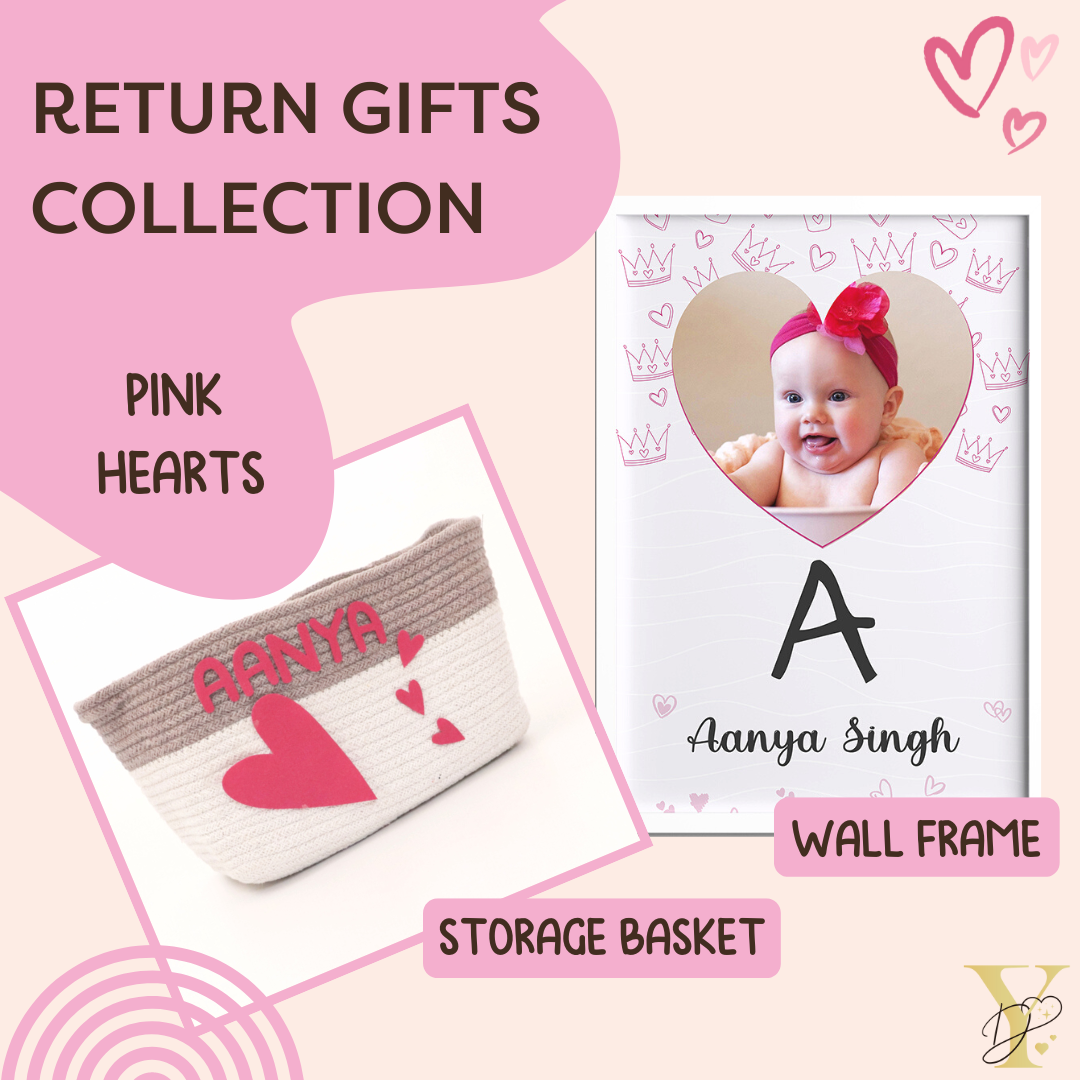 Personalised Return Gift Collection - Pink Hearts (Storage Basket & Wall Frame)