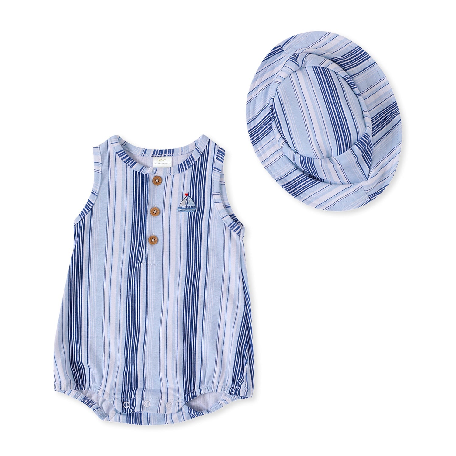 Giggles & Wiggles Sailor Stripes Blue Onesies With Hat