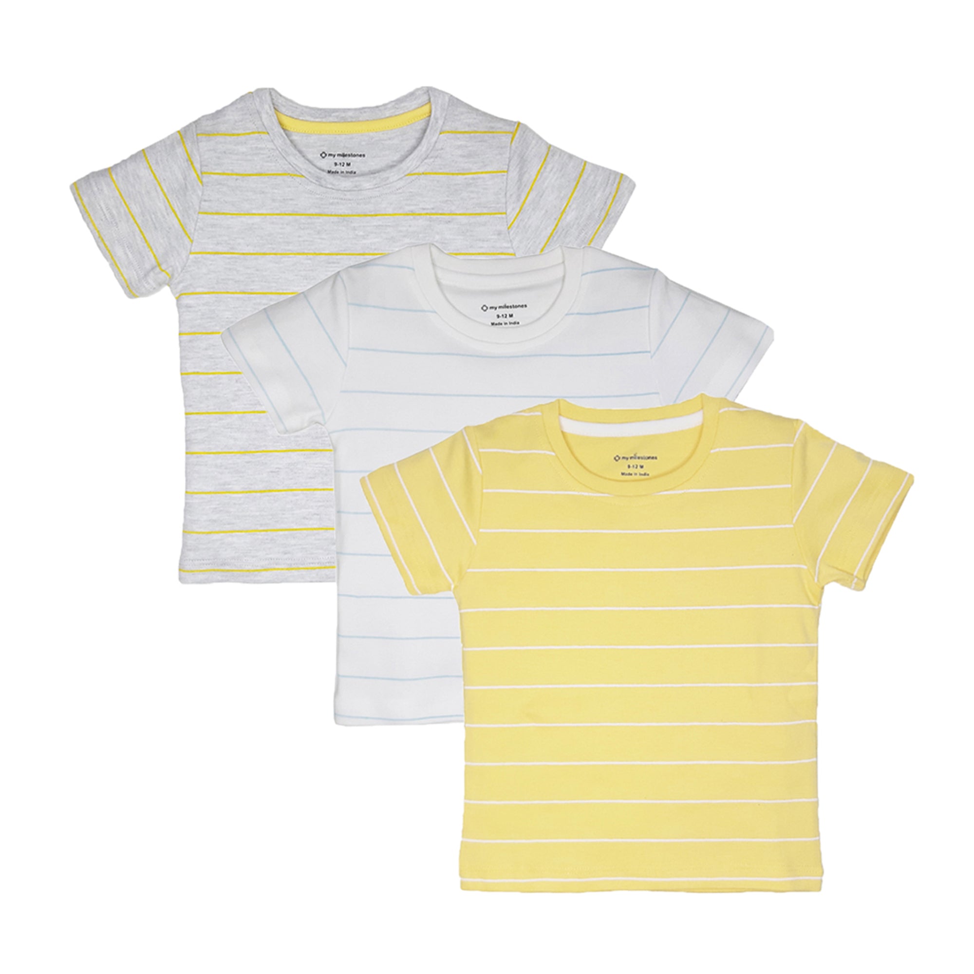 My Milestones Round Neck T-Shirt HS Stripes Yellow / White / Grey - 3 Pc Pack