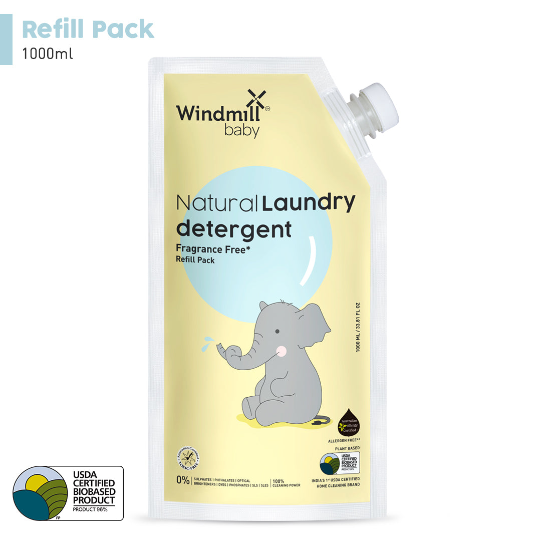 Windmill Baby Natural Fragrance Free Laundry Detergent Liquid Refill Pack, USDA Certified, Allergen Free, Plant Based With Bio-Enzymes - 1000 ml