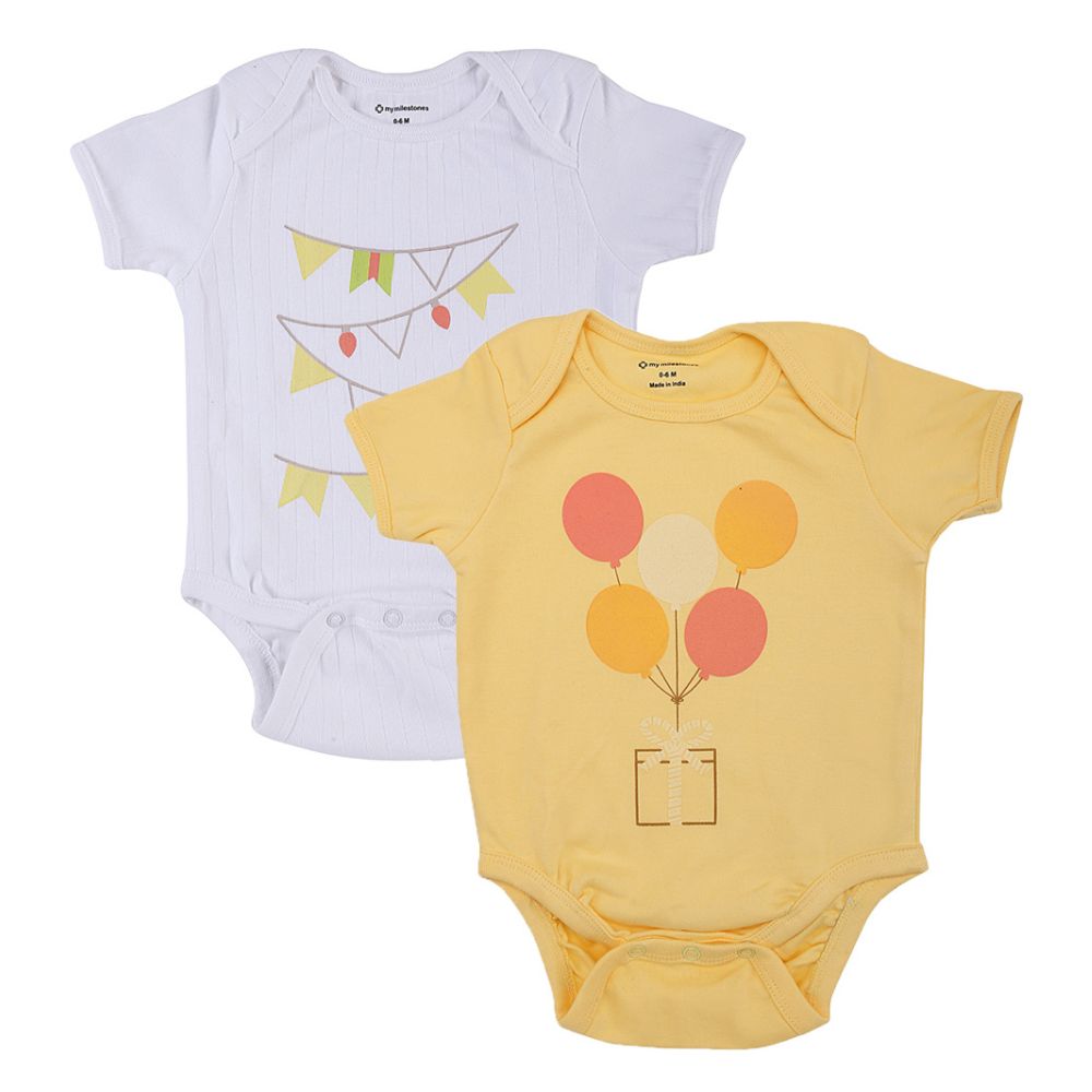 My Milestones Bodysuit Half Sleeves White / Yellow - 2 Pc Pack