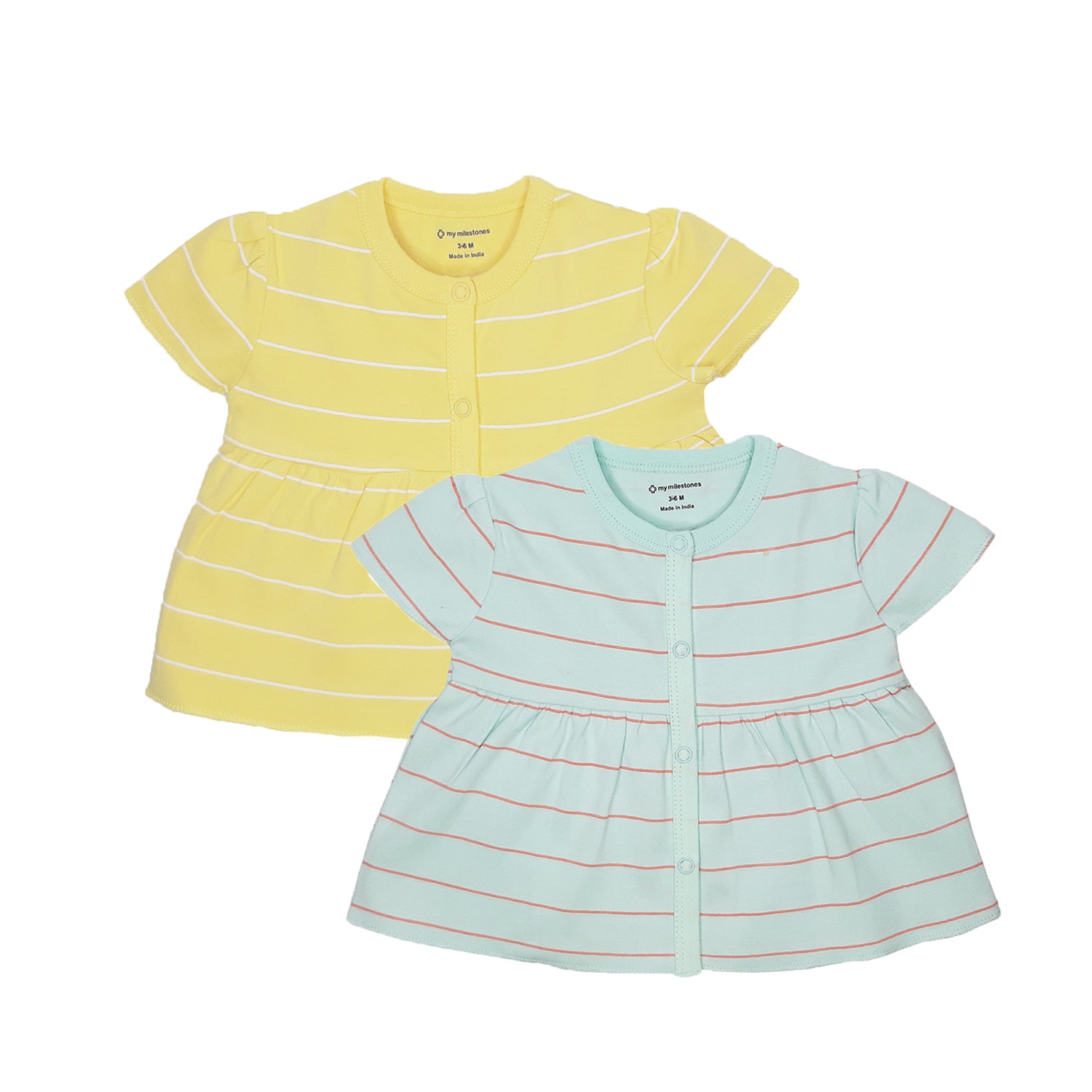 My Milestones T-shirt Half Sleeves Girls Yellow Striped / Aqua Striped - 2 Pc Pack