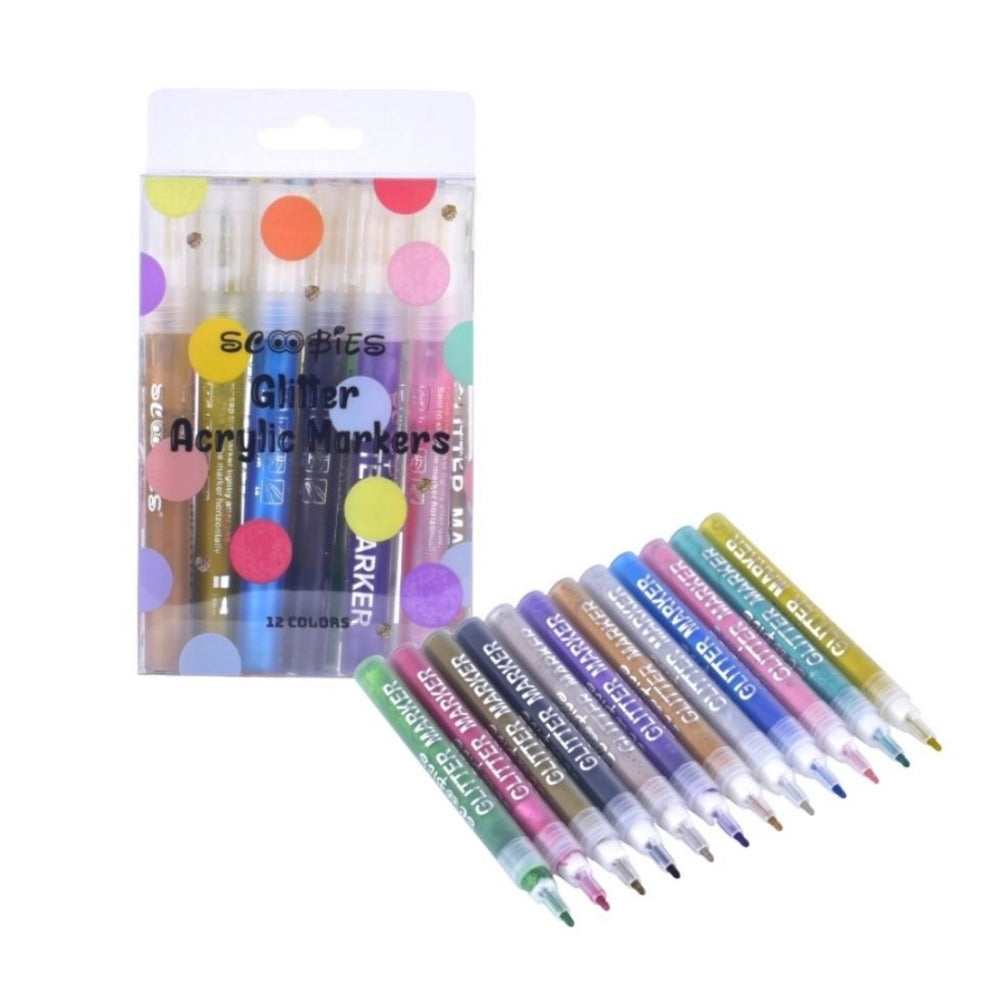 Glitter Acrylic Markers | 12 Assorted Colours | Hard Surface Compatible | Stellar Mirror Glossy Finish | DIY Creativity