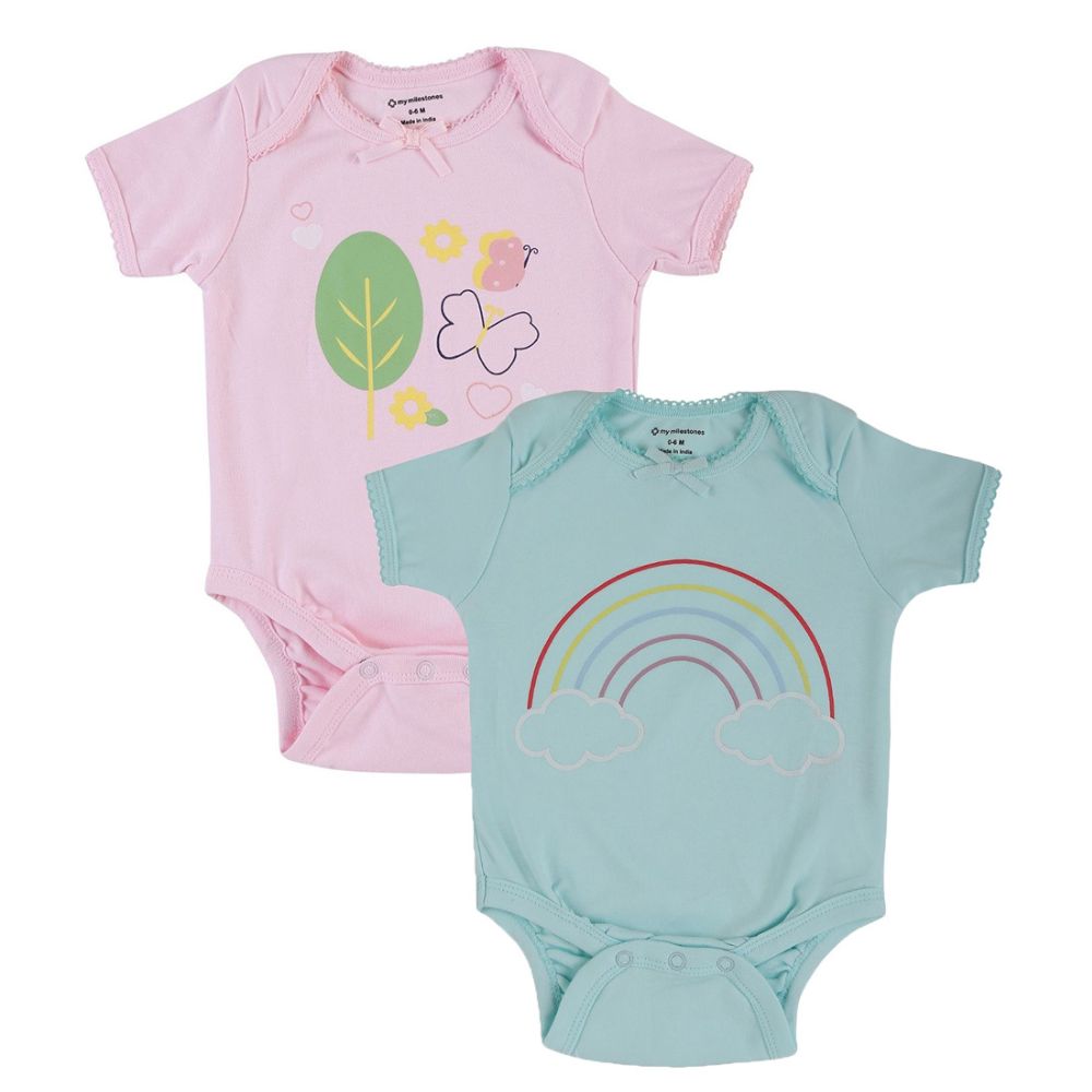 My Milestones Bodysuit Half Sleeves Aqua / Pink - 2 Pc Pack