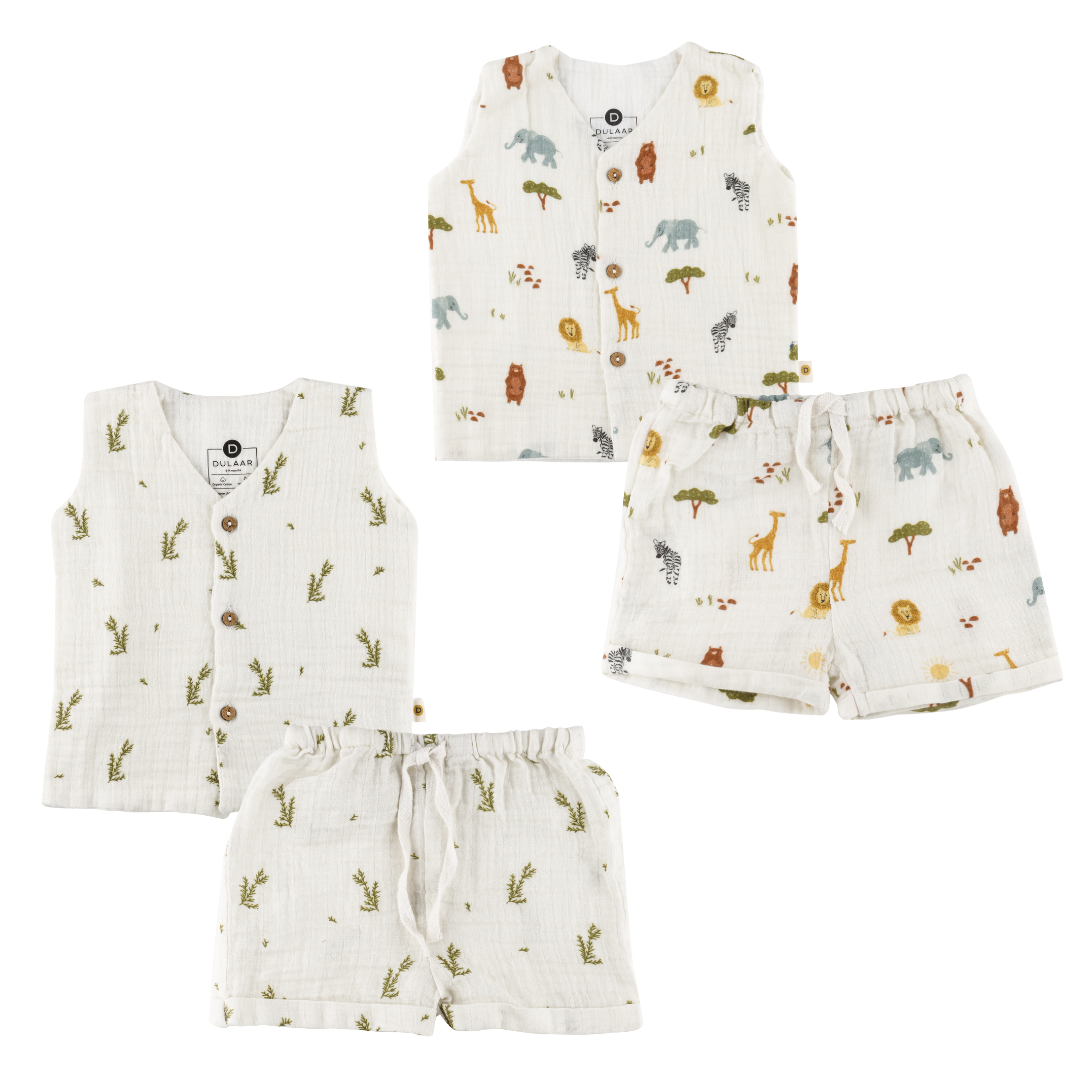 Dulaar Organic Muslin Vest & Shorts Set (Set of 2) - Green Zen + Squad Goals