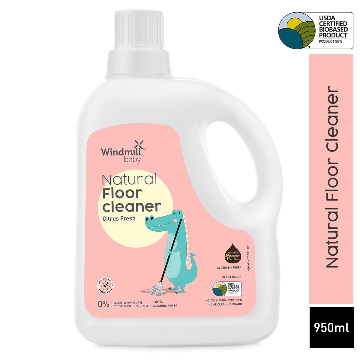 Windmill Baby Natural Floor Cleaner Citrus Fresh, Allergen And Alcohol Free, Baby Friendly, Pet Friendly, USDA Certified, For All Floor Types - 950ml