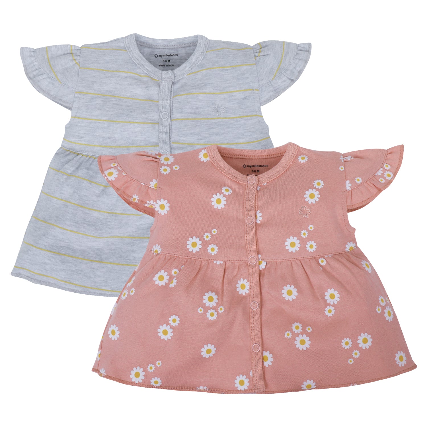 My Milestones T-shirt Half Sleeves Girls Peach Daisy / Grey Stripes-2Pc Pack