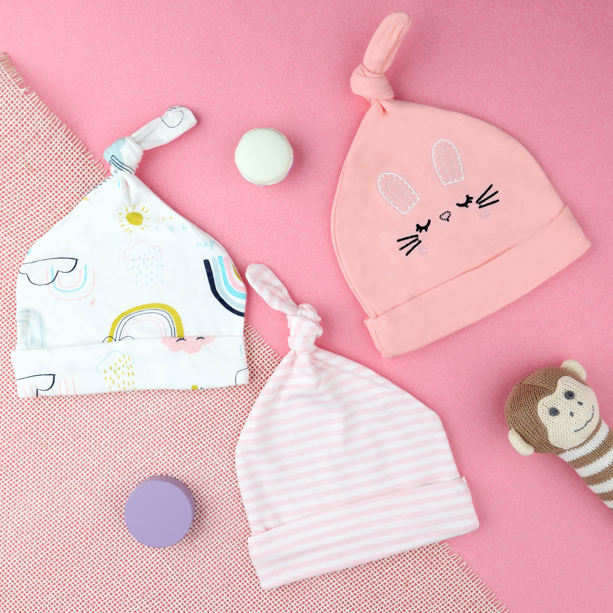 Kicks & Crawl- Cute Kitten Knotted Caps - Pack of 3