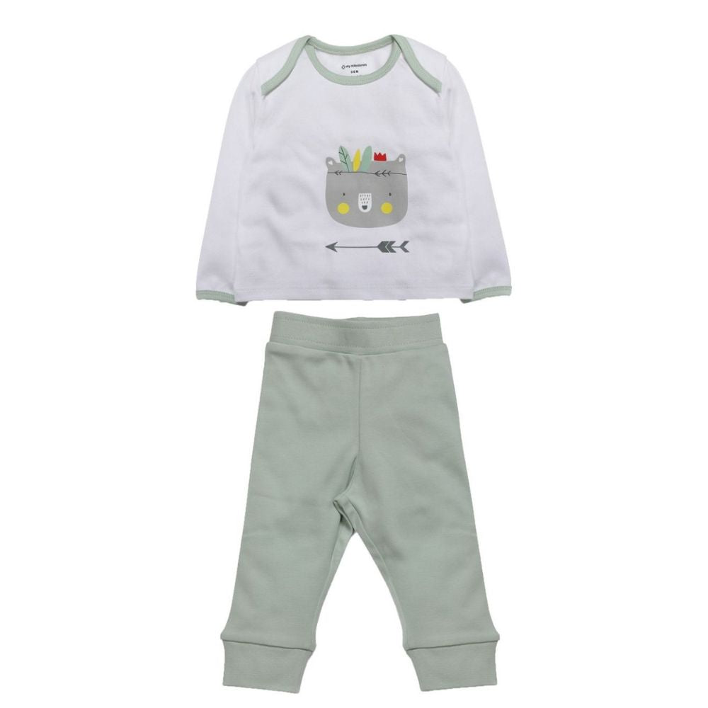 My Milestones Baby T-shirt & Pant Set Full Sleeves -White/Sage Green