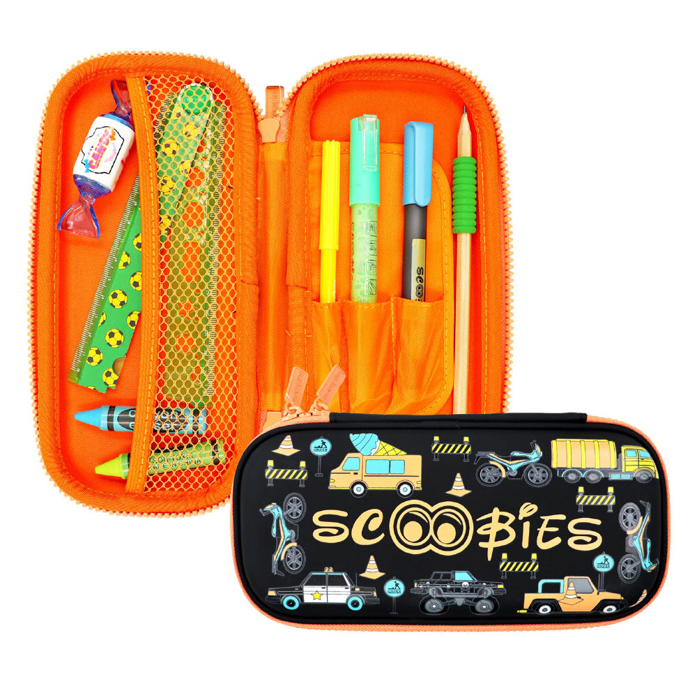 Scoobies Construction Racing Pencil Case | With Separate Pens Slot | Premium EVA Quality | Multi-Use Pouch