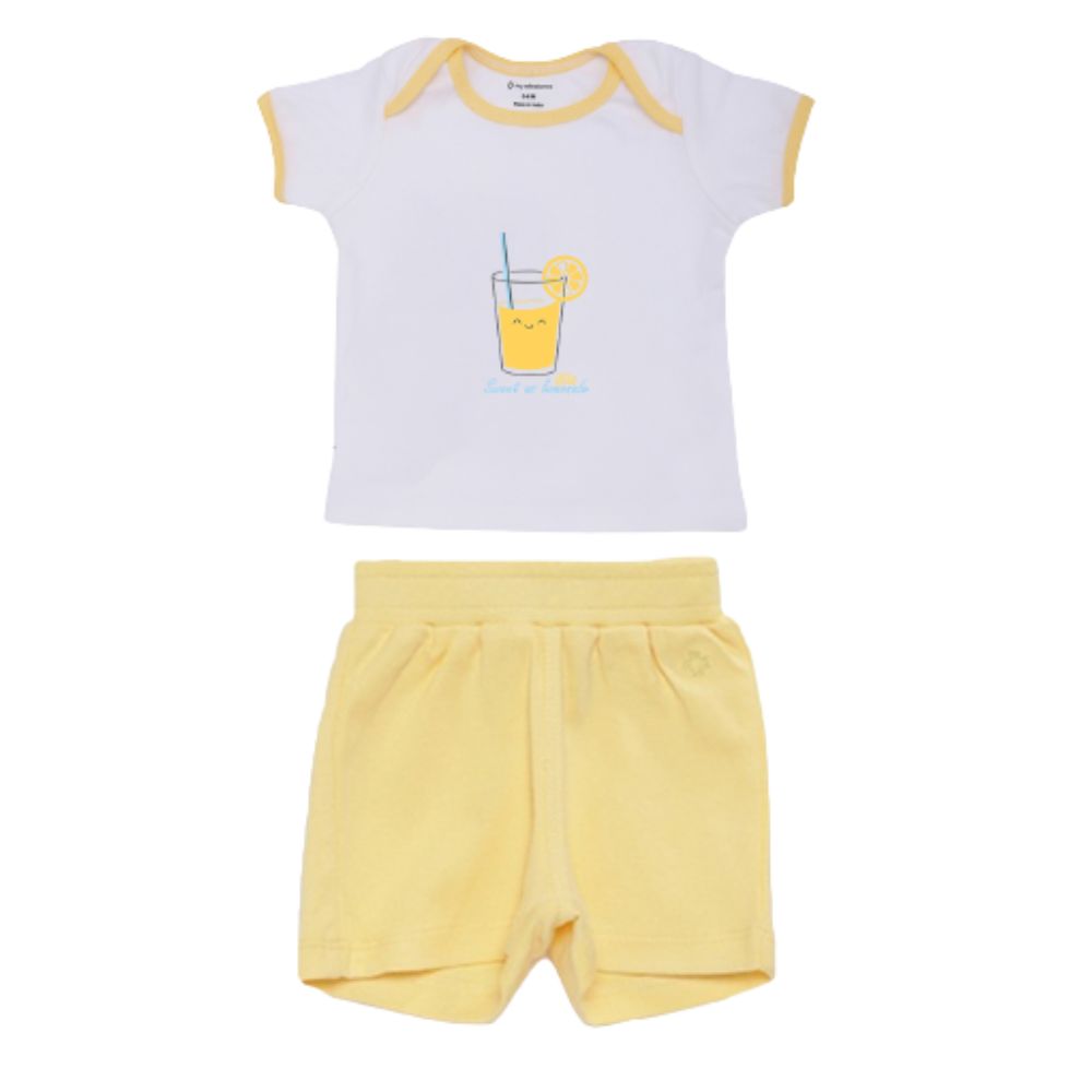 My Milestones Baby Top Bottom Set- Half Sleeves T-shirt with Shorts-White/Yellow