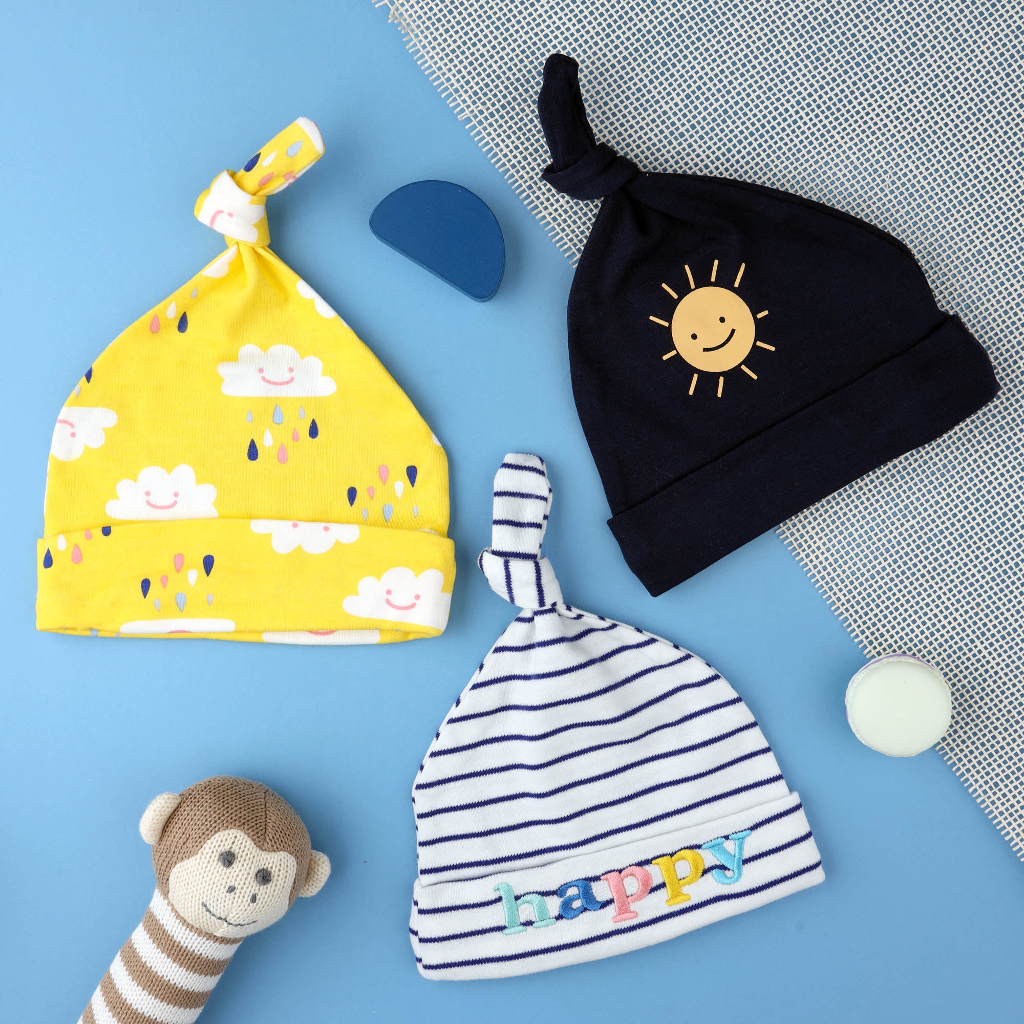 Kicks & Crawl- Happy Clouds Knotted Caps - Pack of 3