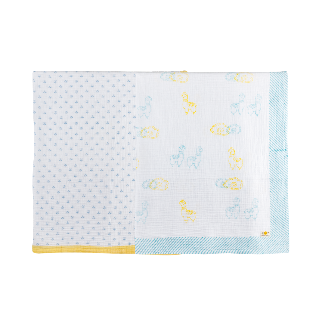 Dulaar Organic Muslin Swaddle (Hand-Block Printed) (Set of 2) Llama Love + Flowers from Sanganer