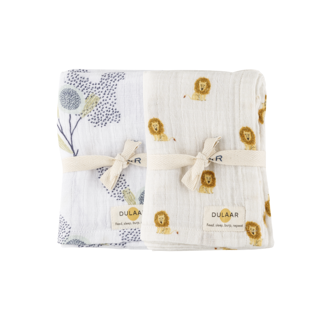 Dulaar Organic Muslin Multipurpose Cloth (Set of 2) - The Sparrow and Flower + Just Lion Around