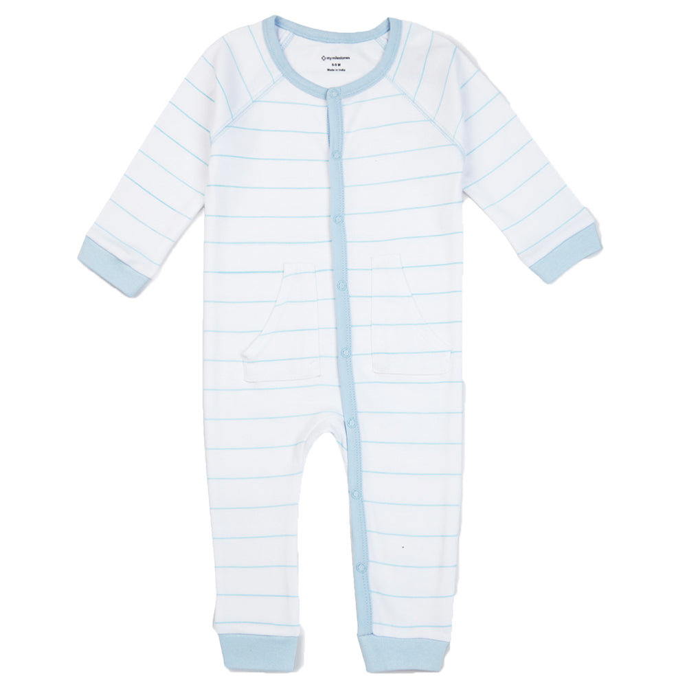 My Milestones Romper White With Sage Baby Blue - Stripes