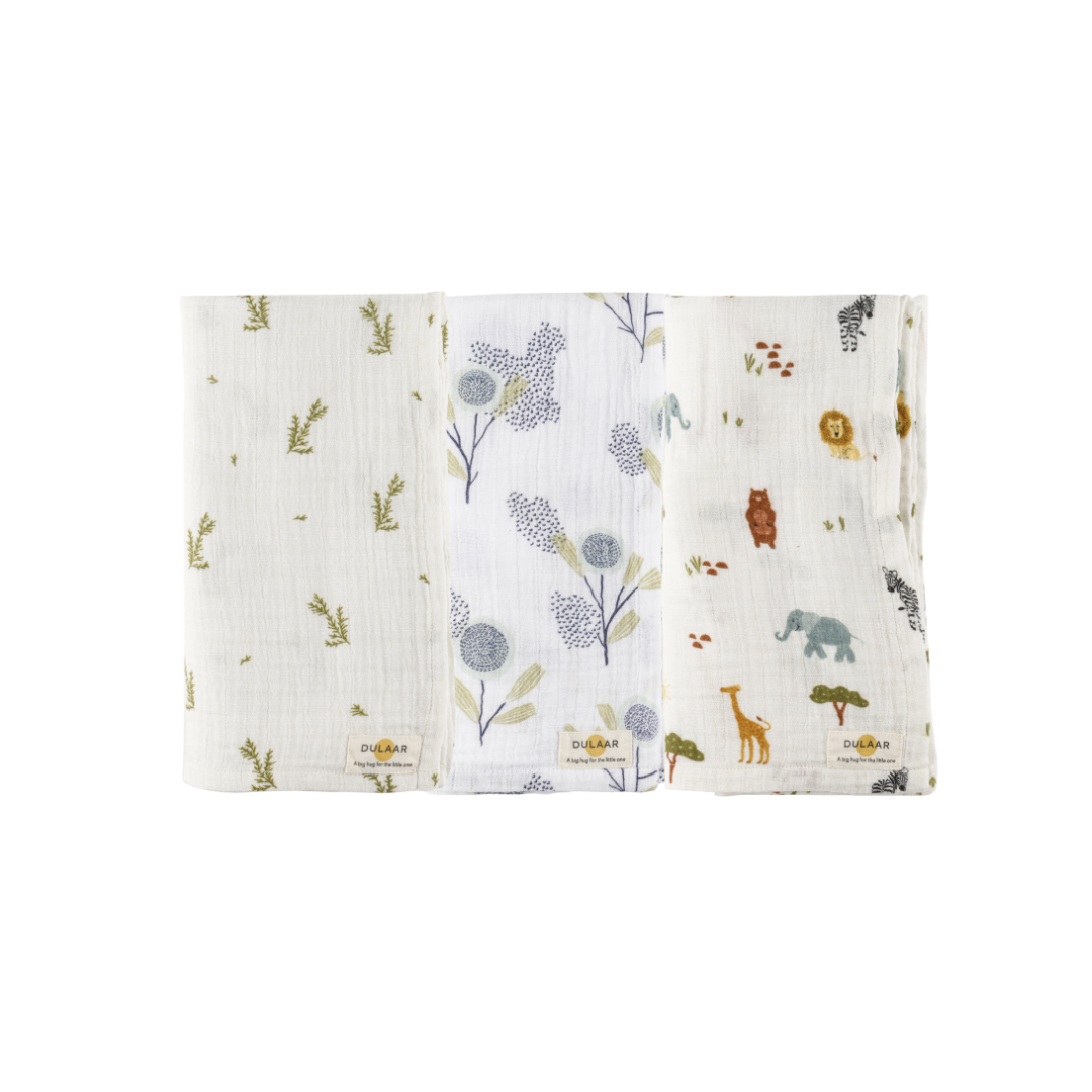 Dulaar Organic Muslin Swaddle (Set of 3) - Green Zen + The Sparrow and Flower + Squad Goals