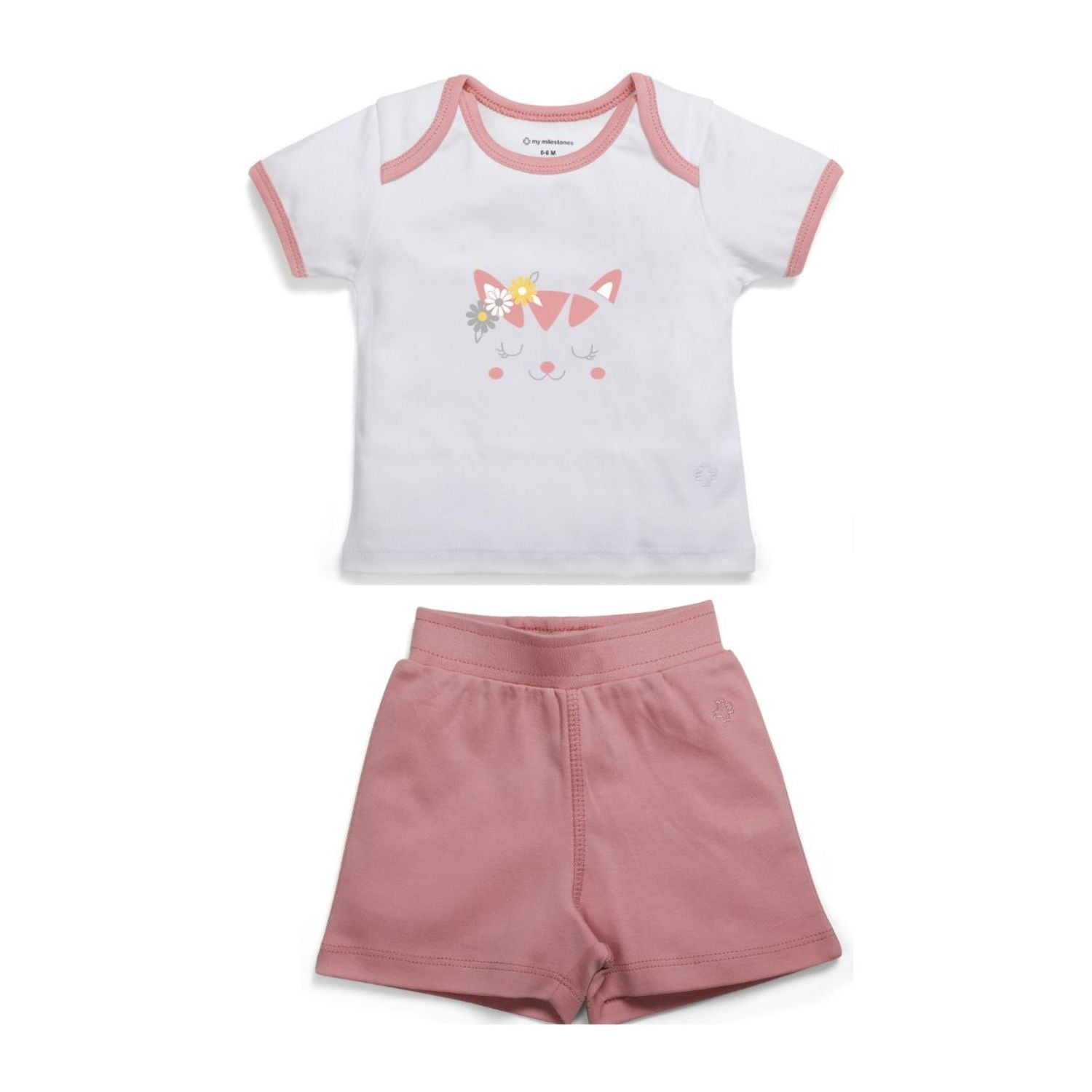 My Milestones Baby Top Bottom Set- Half Sleeves T-shirt with Shorts-White/ Peach