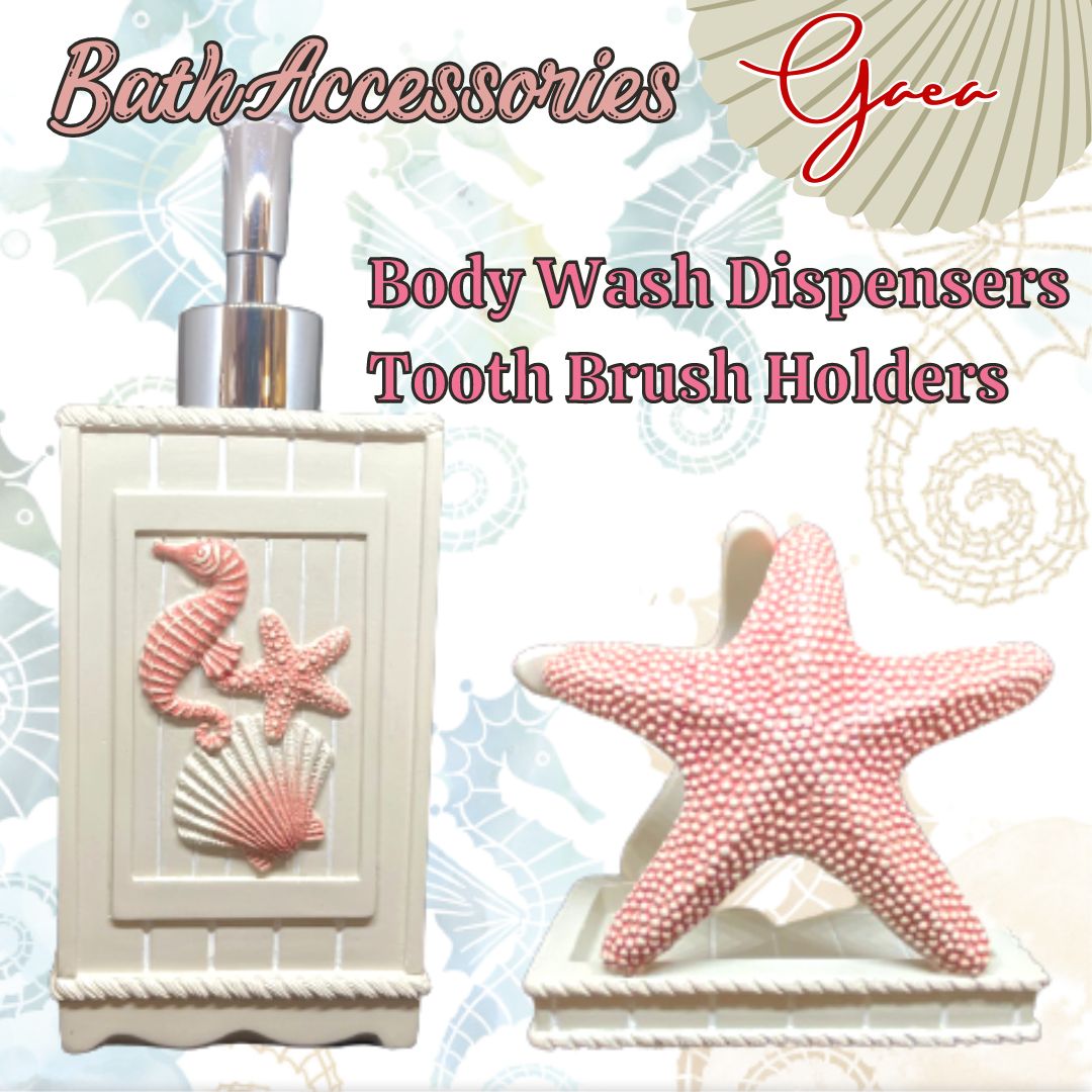 Polyresin Bathroom Set- 2 Piece Bathroom Set -Shells Dispenser & Starfish Toothbrush Holder