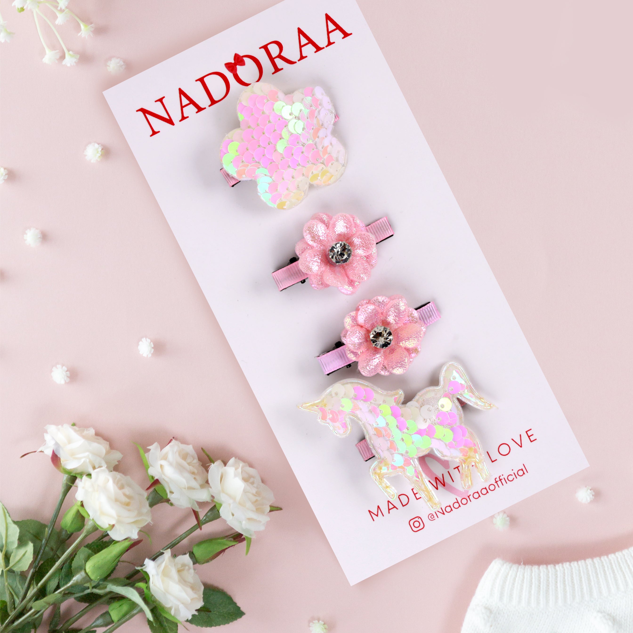 Nadoraa- Floral Unicorn Pink Hairclips- 4 Pack 