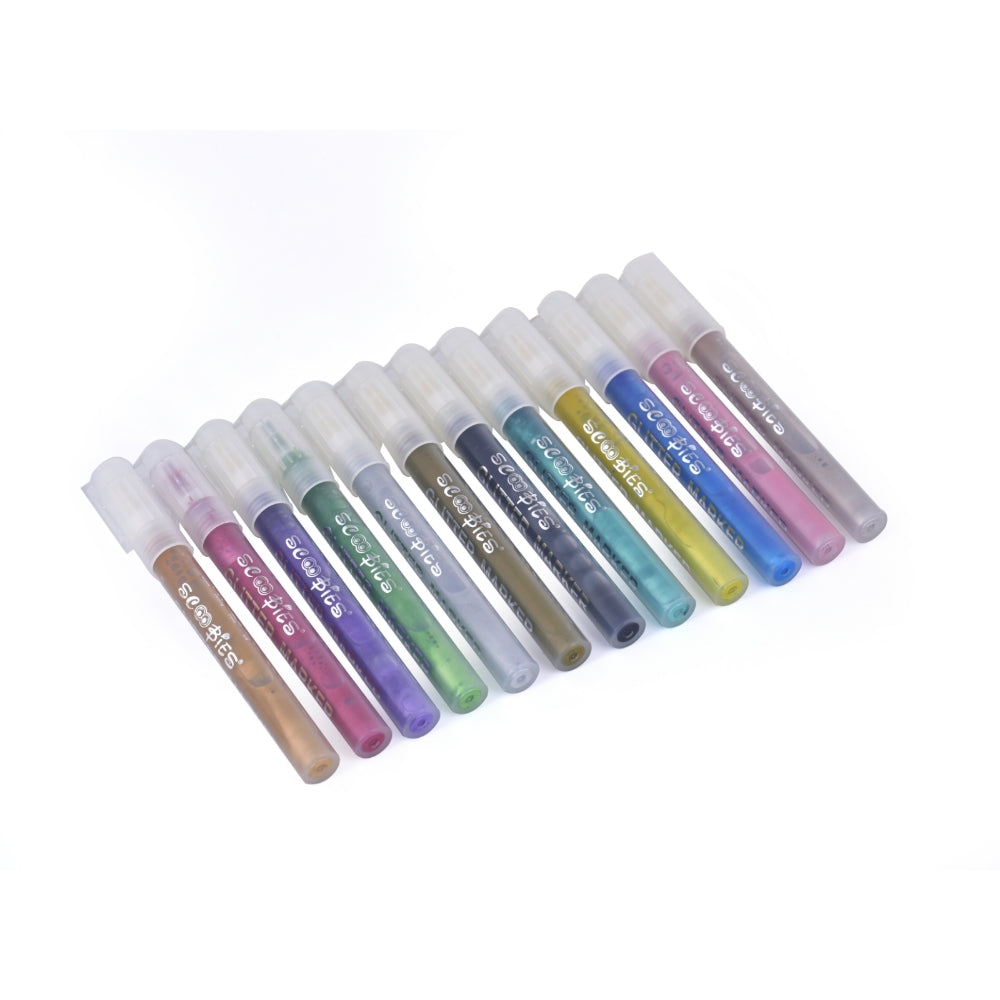 Glitter Acrylic Markers | 12 Assorted Colours | Hard Surface Compatible | Stellar Mirror Glossy Finish | DIY Creativity